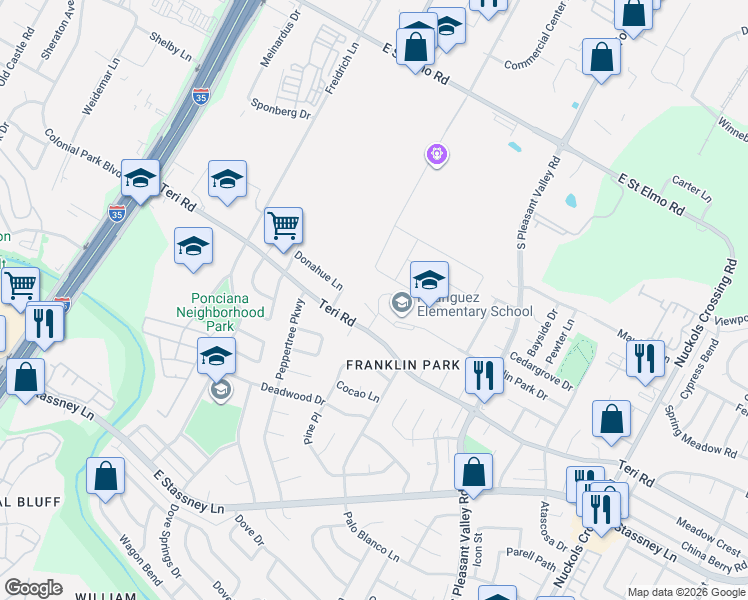 map of restaurants, bars, coffee shops, grocery stores, and more near 2304B Tern Circle in Austin