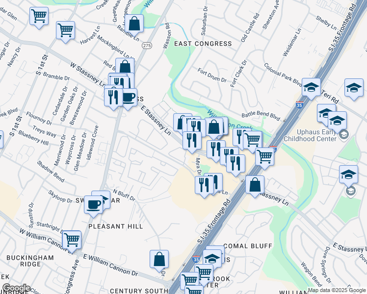 map of restaurants, bars, coffee shops, grocery stores, and more near 625 East Stassney Lane in Austin