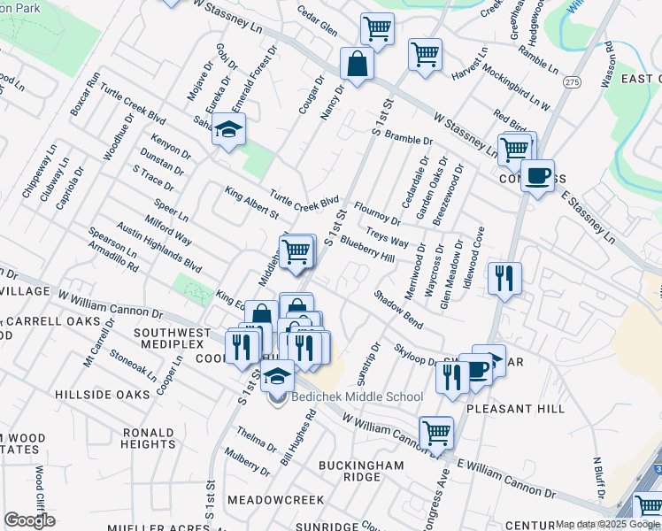 map of restaurants, bars, coffee shops, grocery stores, and more near 6311 South 1st Street in Austin