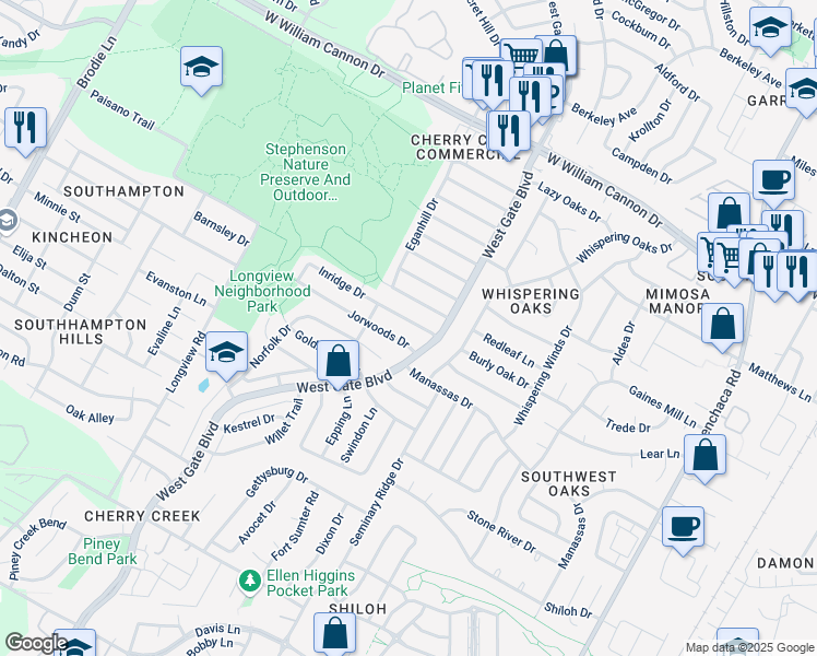 map of restaurants, bars, coffee shops, grocery stores, and more near 2710 Jorwoods Drive in Austin