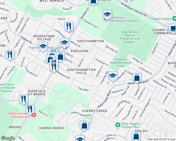 map of restaurants, bars, coffee shops, grocery stores, and more near 8009 Burley Bend in Austin