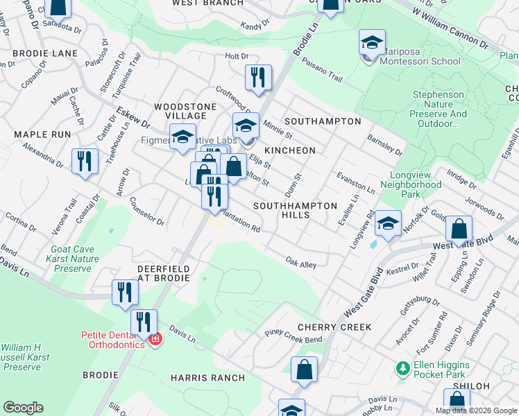 map of restaurants, bars, coffee shops, grocery stores, and more near 3404 Dunliegh Drive in Austin