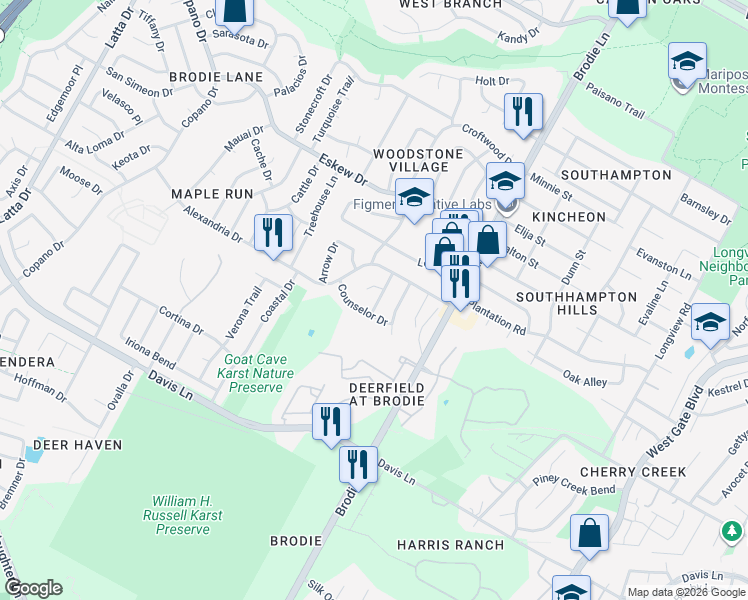 map of restaurants, bars, coffee shops, grocery stores, and more near 8404 Cayuga Drive in Austin