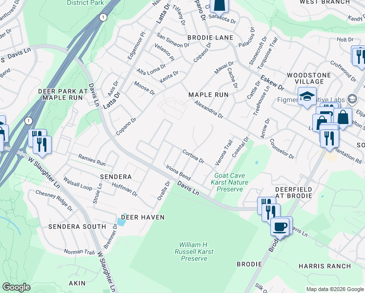 map of restaurants, bars, coffee shops, grocery stores, and more near 4206 Cortina Drive in Austin