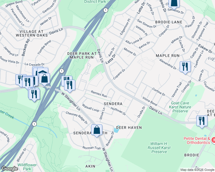 map of restaurants, bars, coffee shops, grocery stores, and more near 9001 Copano Drive in Austin