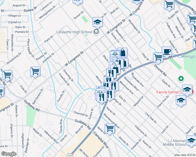 map of restaurants, bars, coffee shops, grocery stores, and more near 113 Westchester Drive in Lafayette
