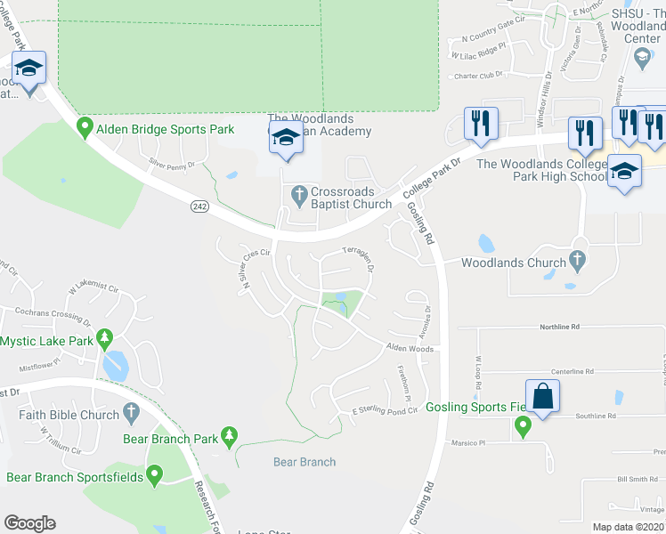 map of restaurants, bars, coffee shops, grocery stores, and more near 26 Willow Run Place in Spring
