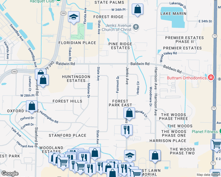 map of restaurants, bars, coffee shops, grocery stores, and more near 2908 Briarcliff Road in Panama City