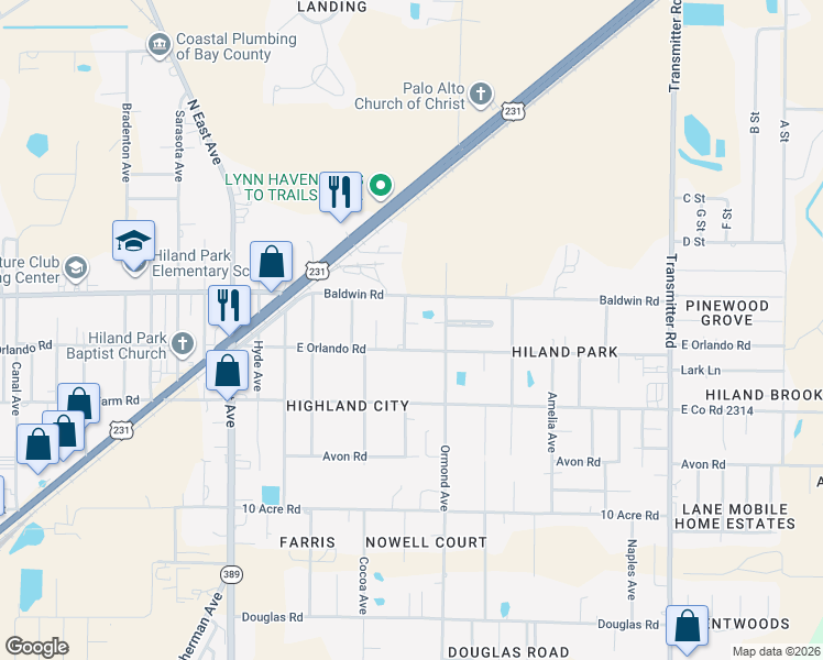 map of restaurants, bars, coffee shops, grocery stores, and more near 3023 East Orlando Road in Panama City