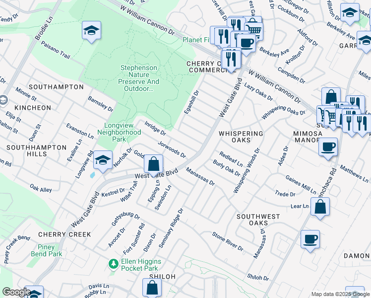 map of restaurants, bars, coffee shops, grocery stores, and more near 2710 Jorwoods Drive in Austin