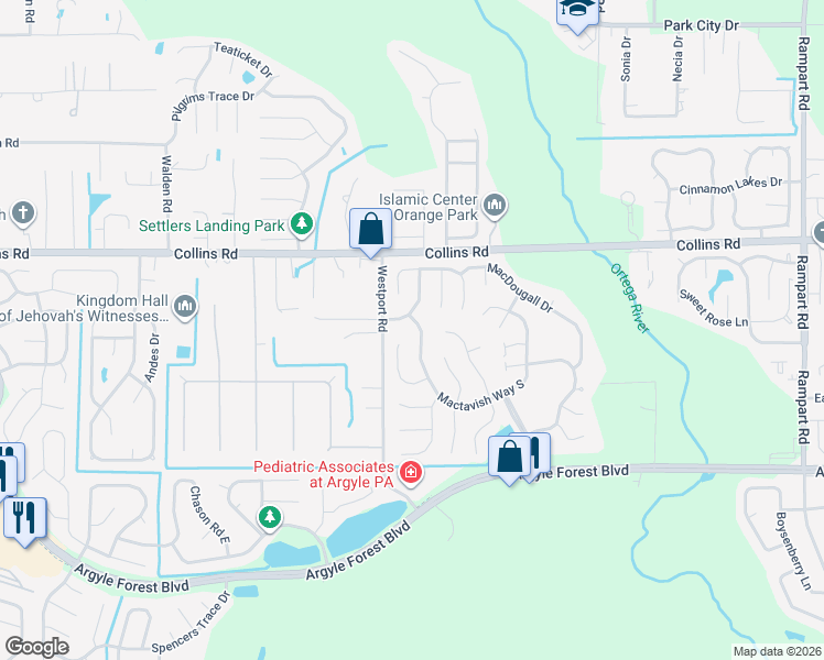 map of restaurants, bars, coffee shops, grocery stores, and more near 8004 Mactavish Way North in Jacksonville