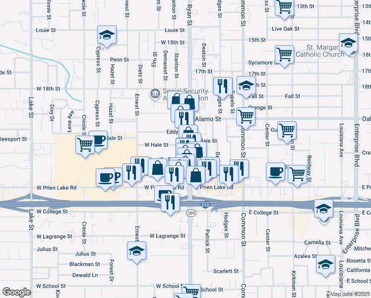 map of restaurants, bars, coffee shops, grocery stores, and more near 3034 Ryan St in Lake Charles