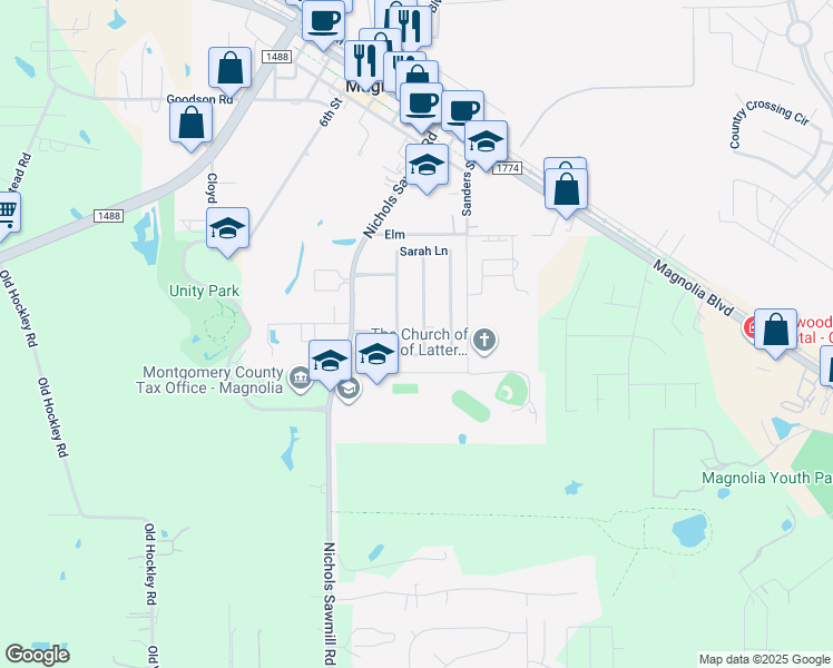 map of restaurants, bars, coffee shops, grocery stores, and more near 31411 Brady Street in Magnolia