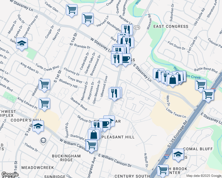 map of restaurants, bars, coffee shops, grocery stores, and more near 5924 South Congress Avenue in Austin