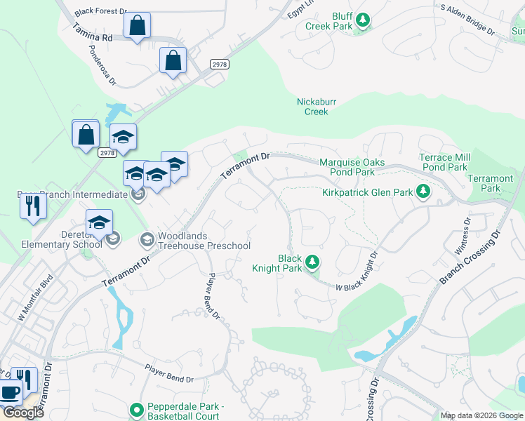 map of restaurants, bars, coffee shops, grocery stores, and more near 102 Millsap Circle in The Woodlands