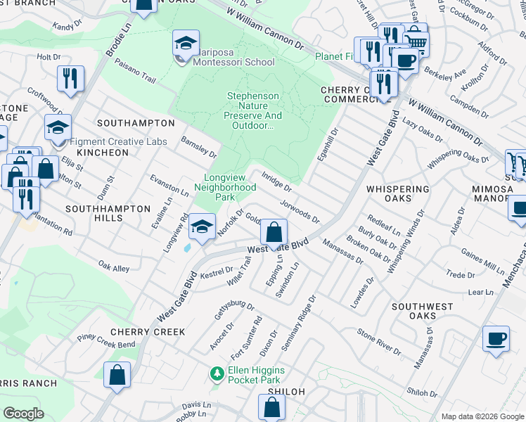 map of restaurants, bars, coffee shops, grocery stores, and more near 2817 Norfolk Drive in Austin