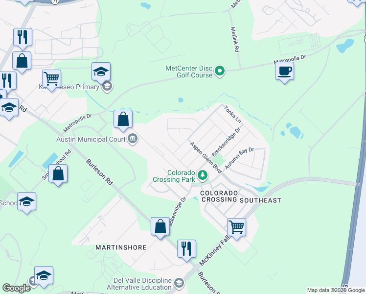 map of restaurants, bars, coffee shops, grocery stores, and more near 3817 Colorado High Avenue in Austin