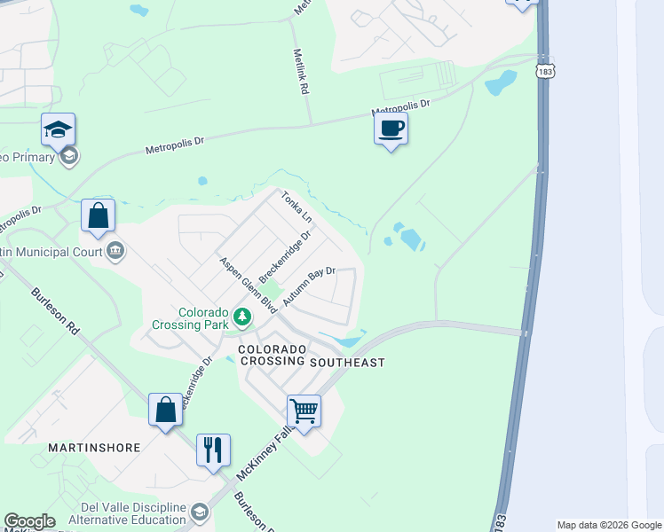 map of restaurants, bars, coffee shops, grocery stores, and more near 3404 Autumn Bay Drive in Austin