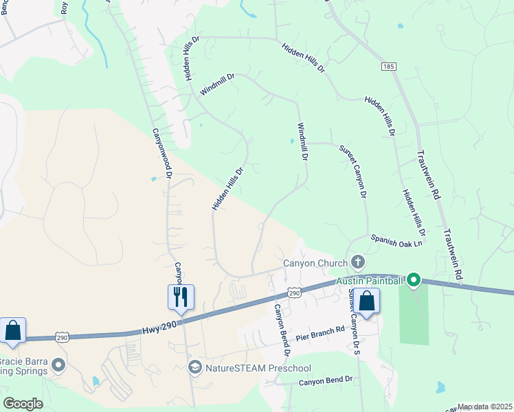 map of restaurants, bars, coffee shops, grocery stores, and more near 1012 Windmill Drive in Dripping Springs