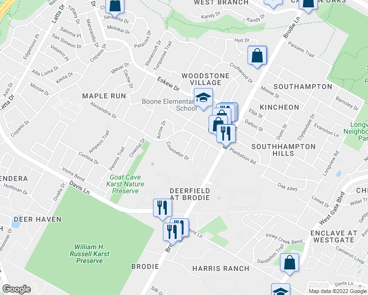 map of restaurants, bars, coffee shops, grocery stores, and more near 8404 Cayuga Drive in Austin