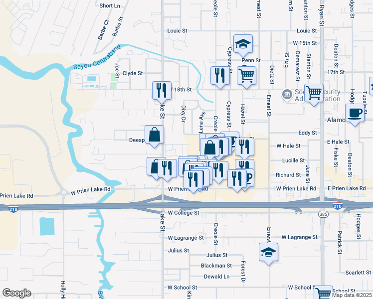 map of restaurants, bars, coffee shops, grocery stores, and more near 3112 Landfair Street in Lake Charles