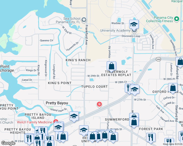 map of restaurants, bars, coffee shops, grocery stores, and more near 2004 West 29th Street in Panama City
