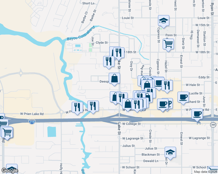 map of restaurants, bars, coffee shops, grocery stores, and more near 814 Holly St in Lake Charles