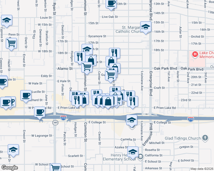 map of restaurants, bars, coffee shops, grocery stores, and more near 716 Craft Street in Lake Charles