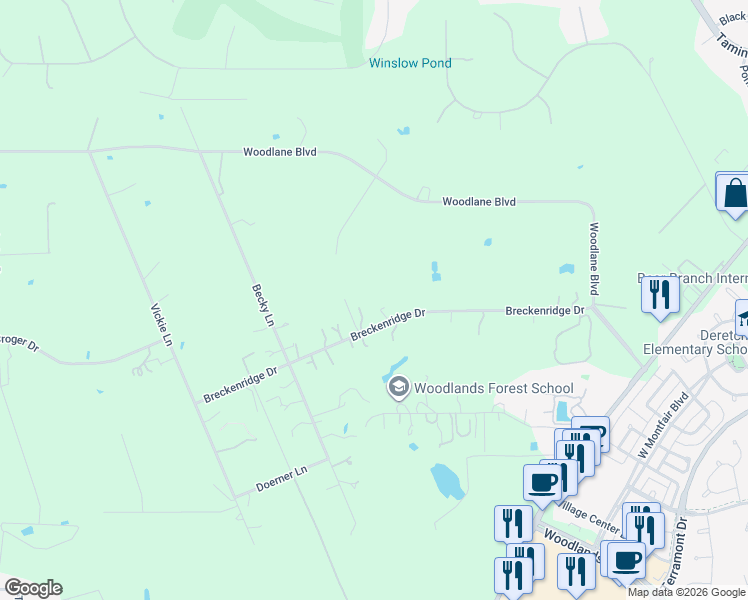 map of restaurants, bars, coffee shops, grocery stores, and more near 9414 Breckenridge Drive in Magnolia