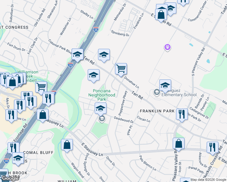 map of restaurants, bars, coffee shops, grocery stores, and more near 5106 Merritt Drive in Austin
