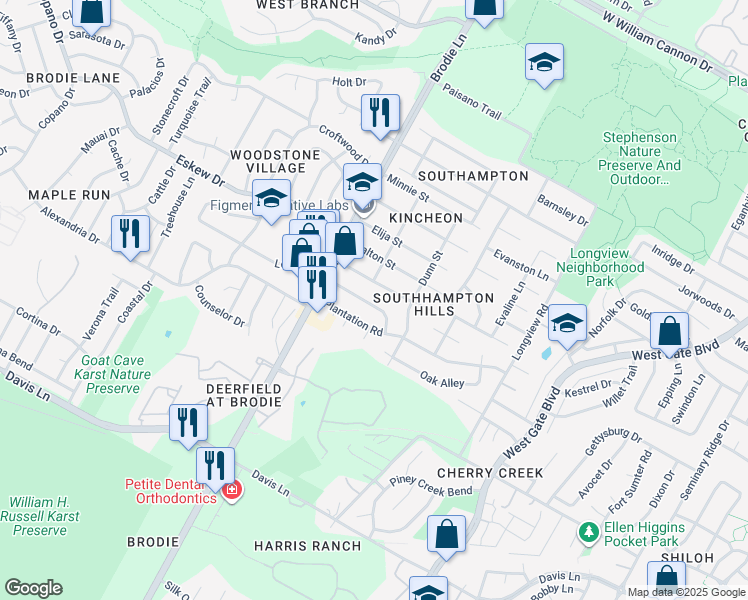map of restaurants, bars, coffee shops, grocery stores, and more near 3404 Dunliegh Drive in Austin