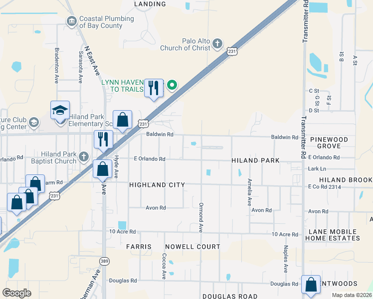map of restaurants, bars, coffee shops, grocery stores, and more near 3023 East Orlando Road in Panama City