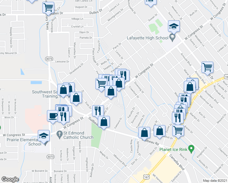 map of restaurants, bars, coffee shops, grocery stores, and more near 199 Winchester Drive in Lafayette