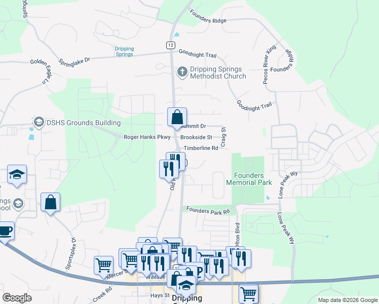 map of restaurants, bars, coffee shops, grocery stores, and more near 112 Timberline Rd in Dripping Springs