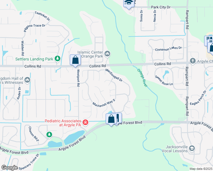 map of restaurants, bars, coffee shops, grocery stores, and more near 8036 Bagpipe Lane in Jacksonville