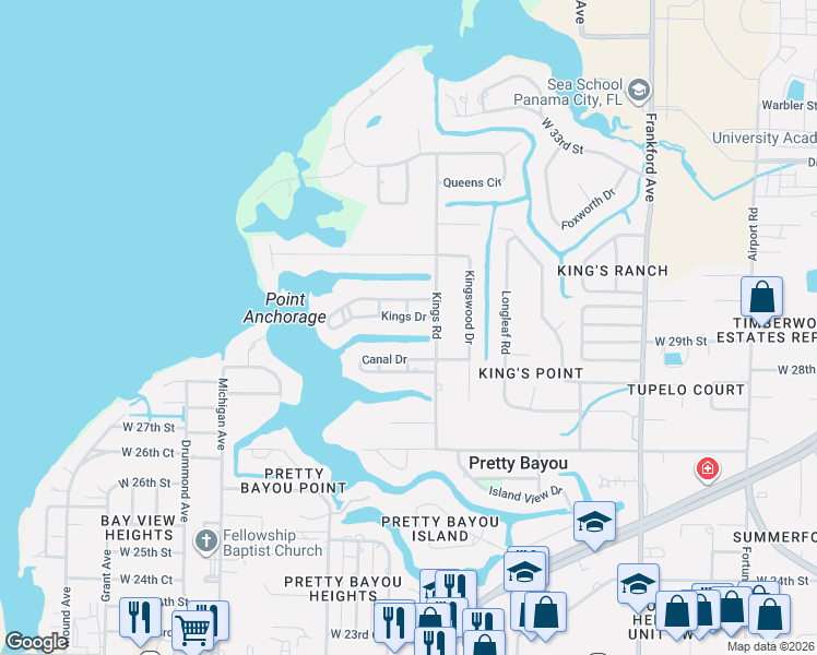 map of restaurants, bars, coffee shops, grocery stores, and more near 2919 Kings Drive in Panama City