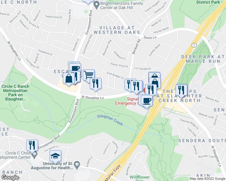 map of restaurants, bars, coffee shops, grocery stores, and more near 5801 York Bridge Circle in Austin