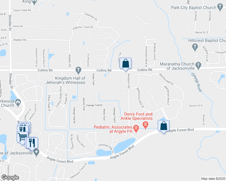 map of restaurants, bars, coffee shops, grocery stores, and more near 8030 Westport Road in Jacksonville