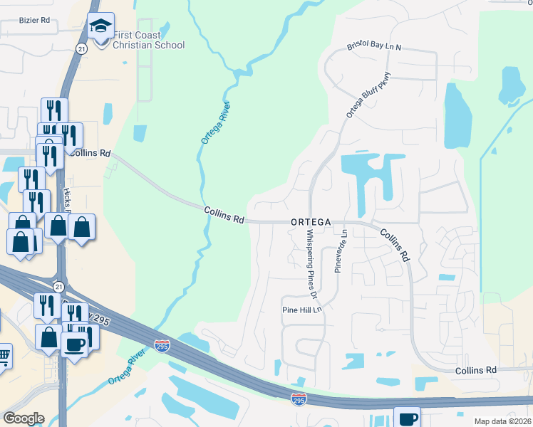 map of restaurants, bars, coffee shops, grocery stores, and more near 8187 Kilkelly Lane South in Jacksonville
