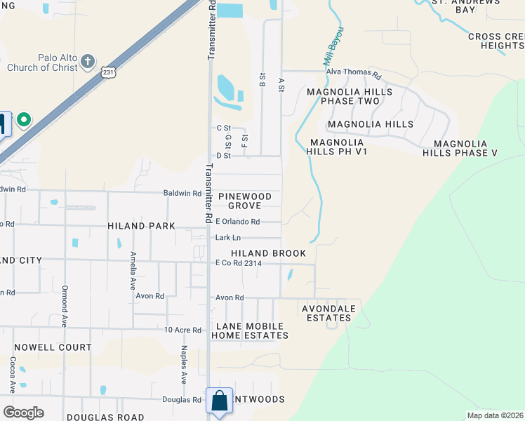 map of restaurants, bars, coffee shops, grocery stores, and more near 3619 East Orlando Road in Panama City