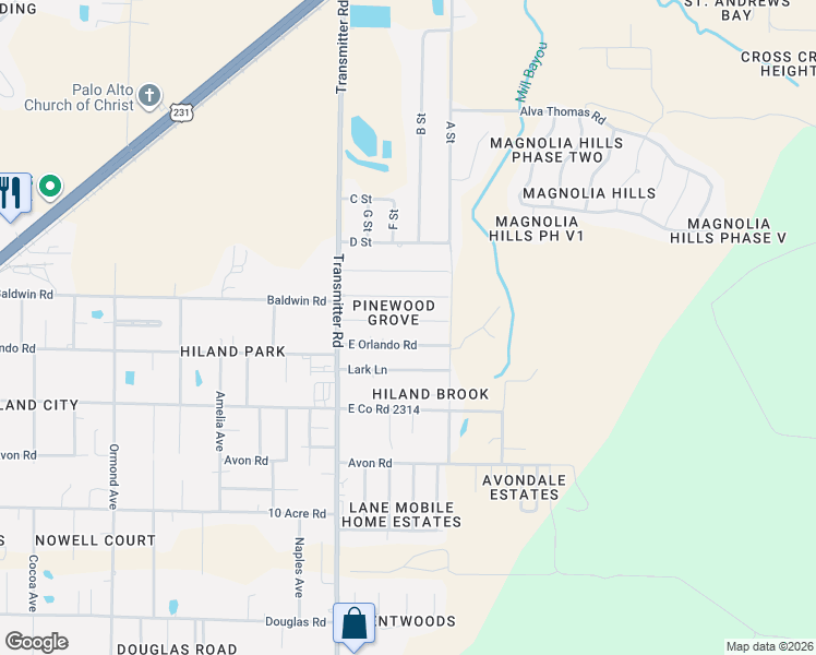 map of restaurants, bars, coffee shops, grocery stores, and more near 3619 East Orlando Road in Panama City