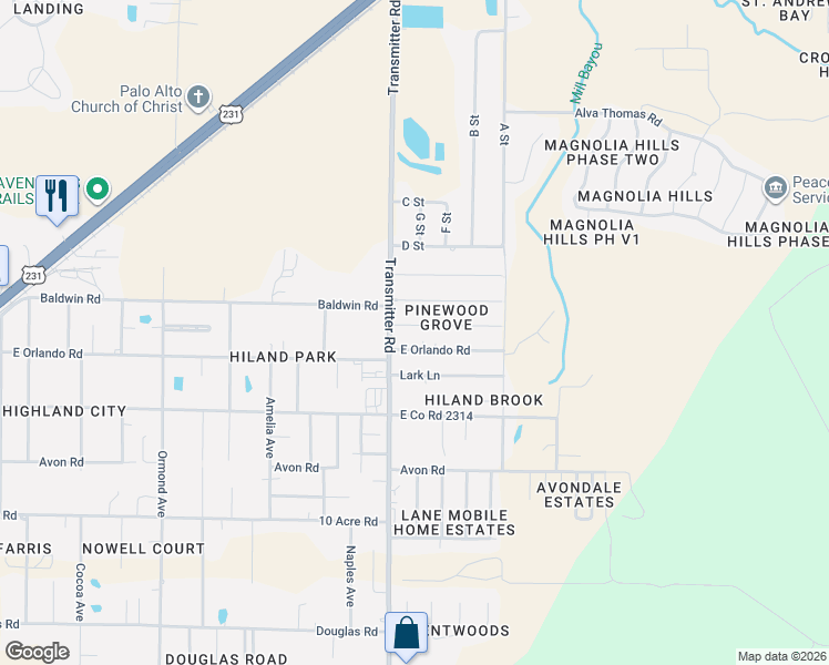map of restaurants, bars, coffee shops, grocery stores, and more near 3523 East Orlando Road in Panama City
