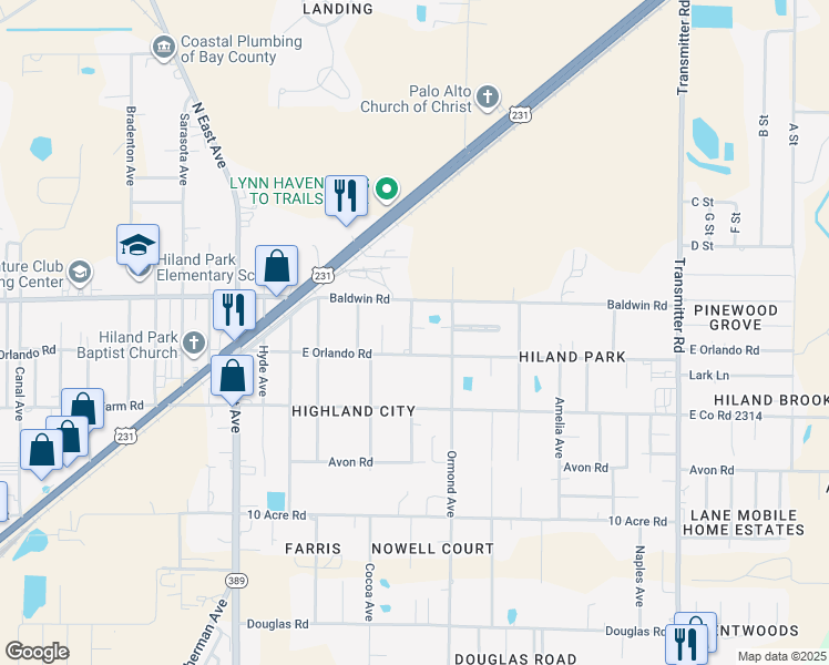 map of restaurants, bars, coffee shops, grocery stores, and more near 3023 East Orlando Road in Panama City