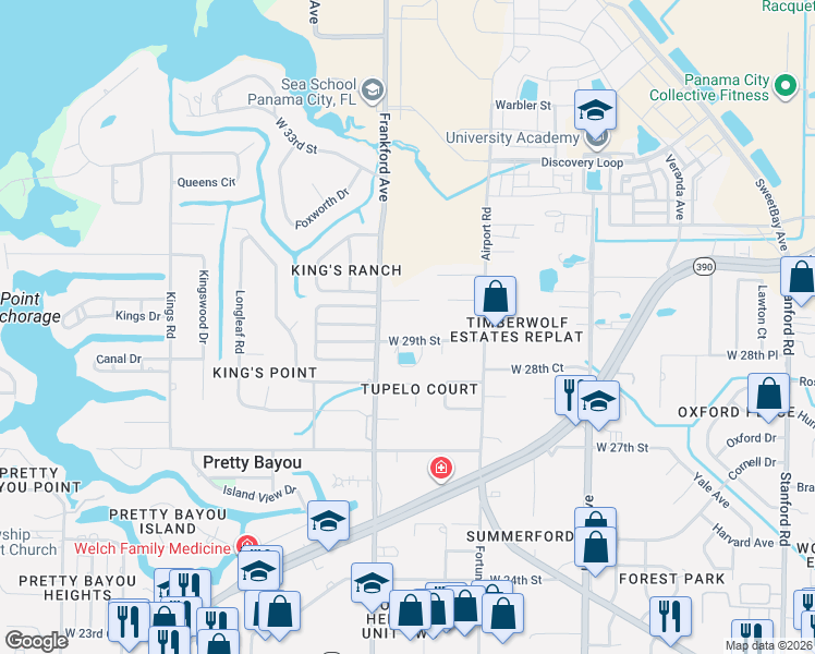 map of restaurants, bars, coffee shops, grocery stores, and more near 2004 West 29th Street in Panama City