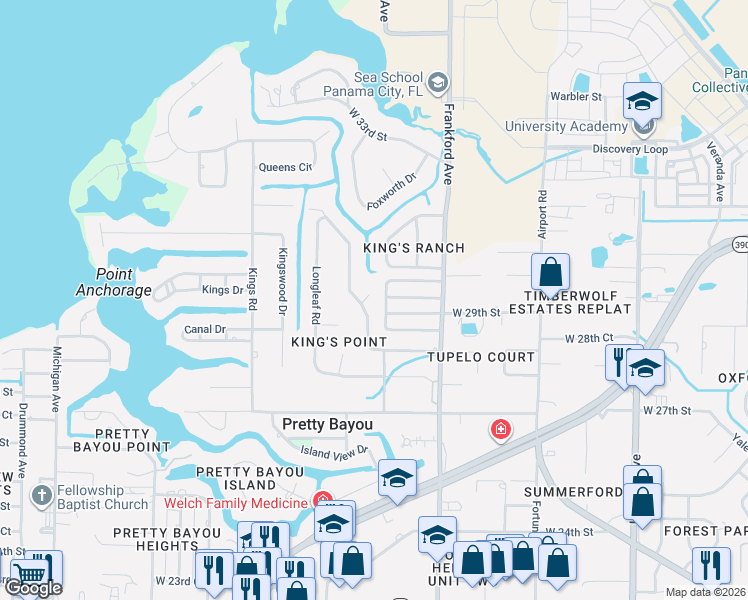 map of restaurants, bars, coffee shops, grocery stores, and more near 2885 Tupelo Drive in Panama City