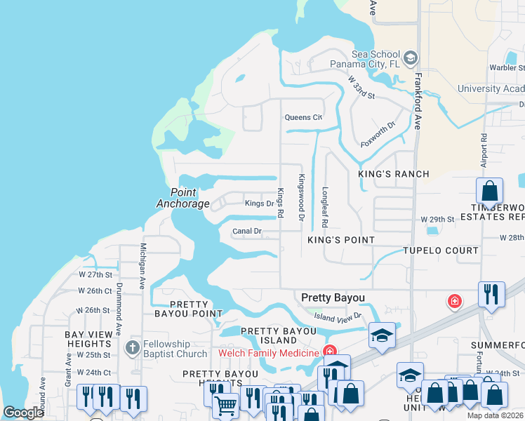 map of restaurants, bars, coffee shops, grocery stores, and more near 2919 Kings Dr in Panama City