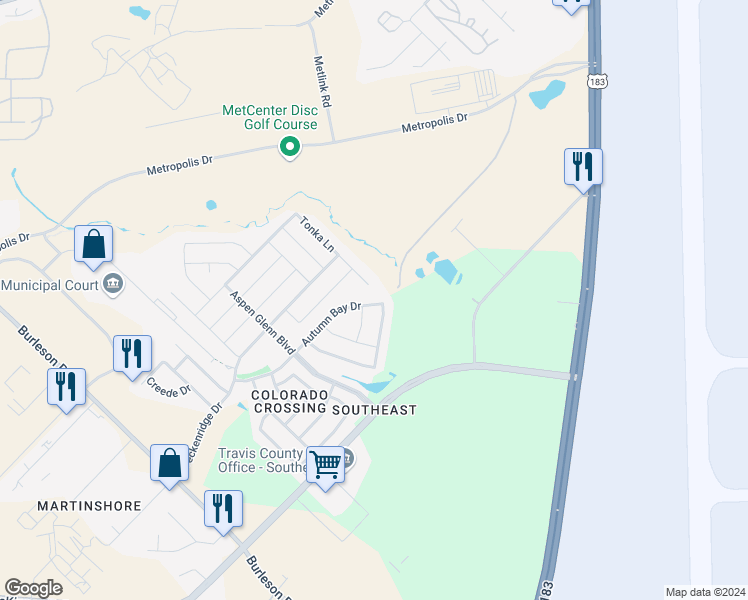 map of restaurants, bars, coffee shops, grocery stores, and more near 3404 Autumn Bay Drive in Austin
