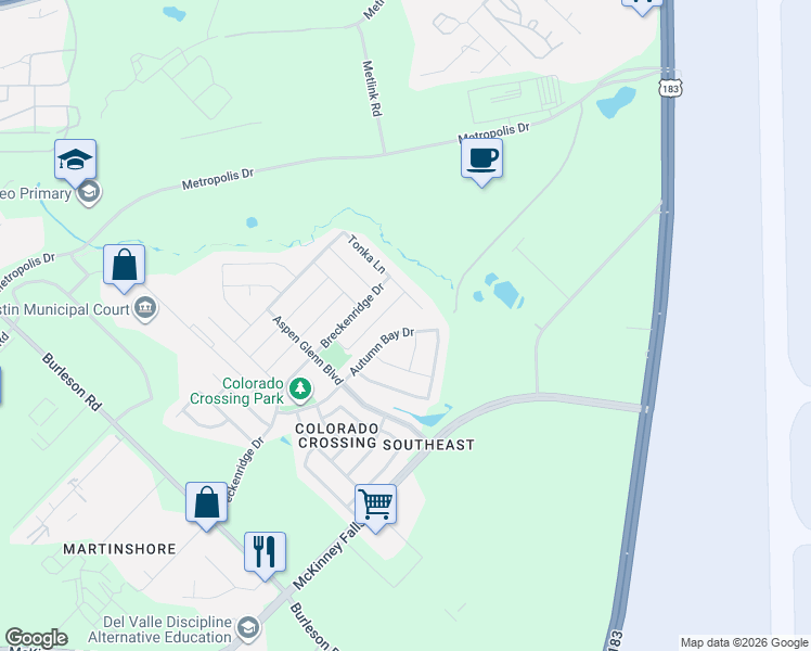 map of restaurants, bars, coffee shops, grocery stores, and more near 3404 Autumn Bay Drive in Austin