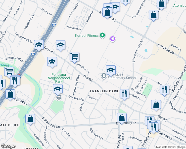 map of restaurants, bars, coffee shops, grocery stores, and more near 2304B Tern Circle in Austin