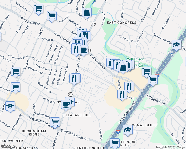 map of restaurants, bars, coffee shops, grocery stores, and more near 10 Little Texas Lane in Austin